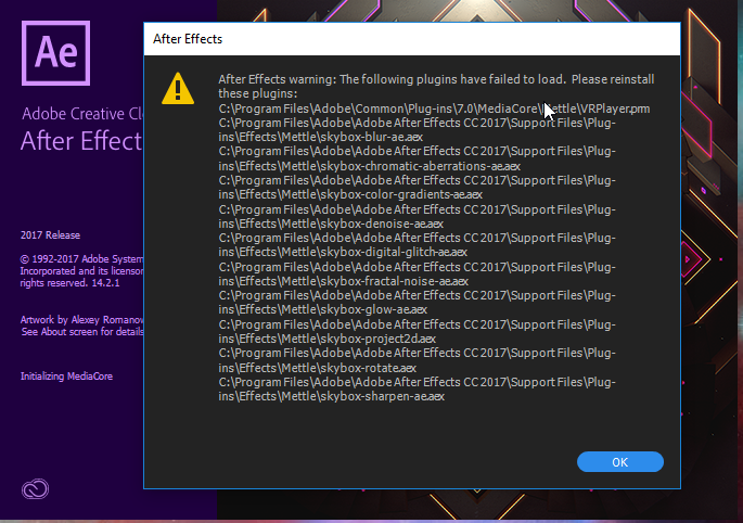 After Effects warning: The following plugins have failed to load. Please reinstall these plugins